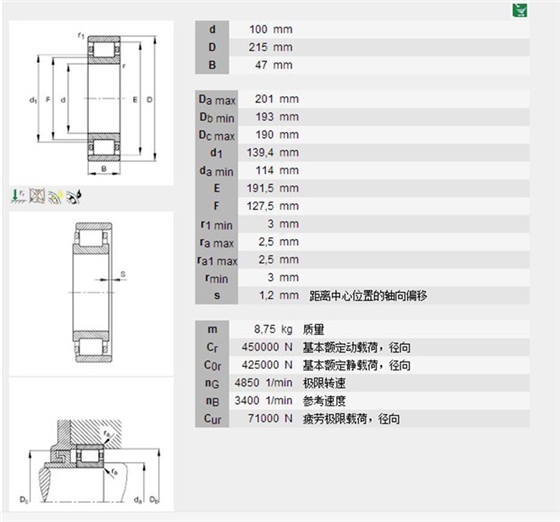 圆柱滚子轴承N320E.M1型号描述